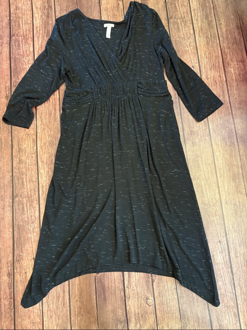 Soma Black Asymmetrical Hem, V-Neck Dress with Gray Speckle Detail Sz M